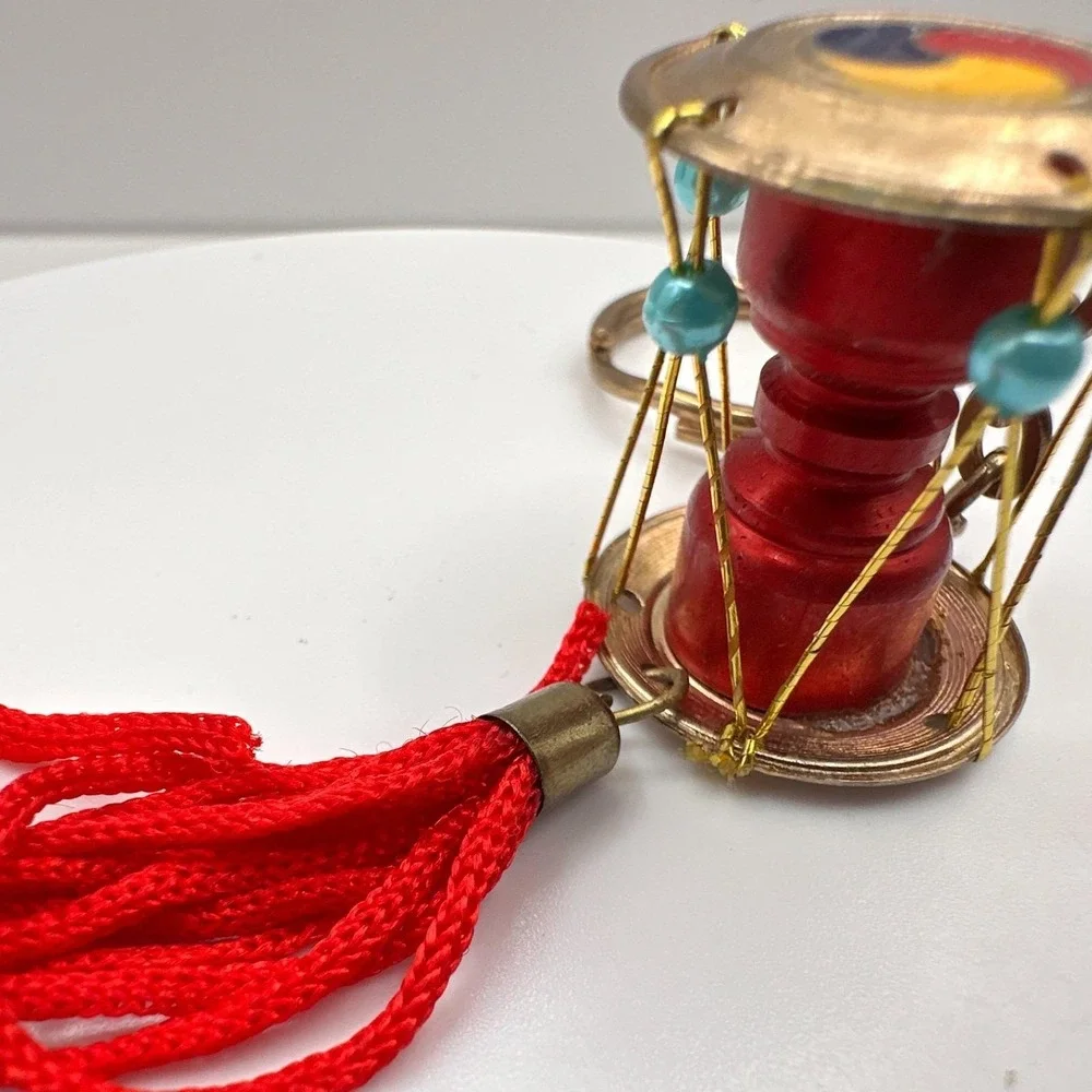 Vintage 90s‎ Korean Janggu Drum Keychain Red Tassel Blue Bead Traditional Style